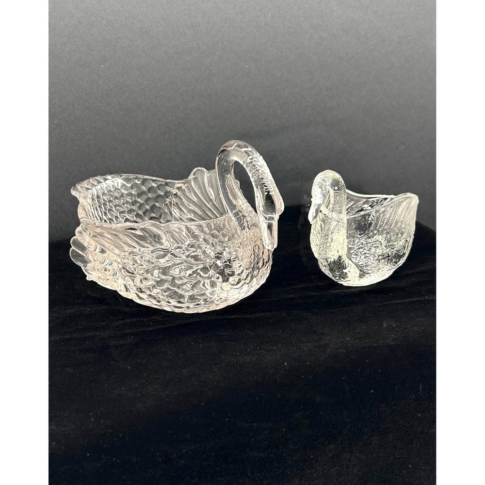 Vintage Clear Pressed Glass Swan Trinket Dish Set of 2 Textured Bird Figurines